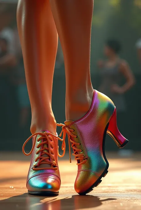 Woman’s feet in multicolor tap dance shoes 