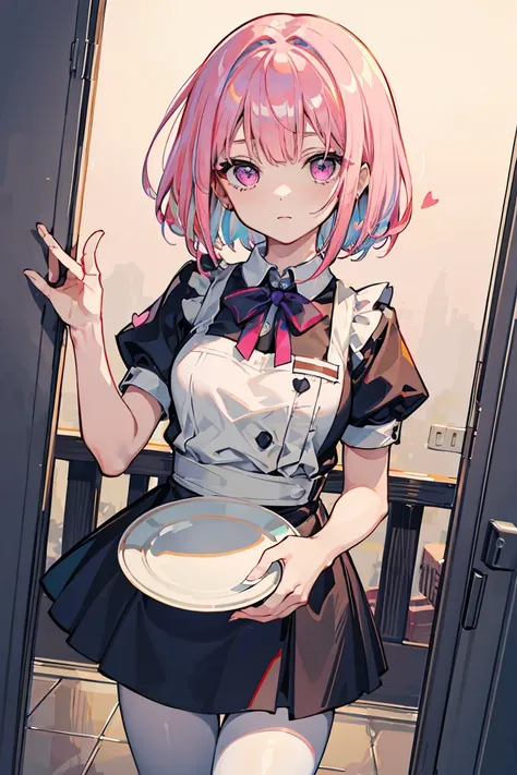 Waiter uniform, help, part-time job,  welcome,  1 girl, Big 1.3, Colorful clothes,  pink hair,  short bob , Side ribbon,  clear , unkind,  Light purple eyes, ((Heart Eye)), noticed, Pale background,,  colorful hair ,  messy hair, Tonality, Romanticism, mod...