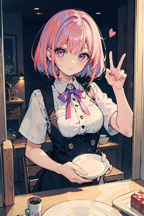 Waiter uniform, help, part-time job,  welcome,  1 girl, Big 1.3, Colorful clothes,  pink hair,  short bob , Side ribbon,  clear , unkind,  Light purple eyes, ((Heart Eye)), noticed, Pale background,,  colorful hair ,  messy hair, Tonality, Romanticism, mod...