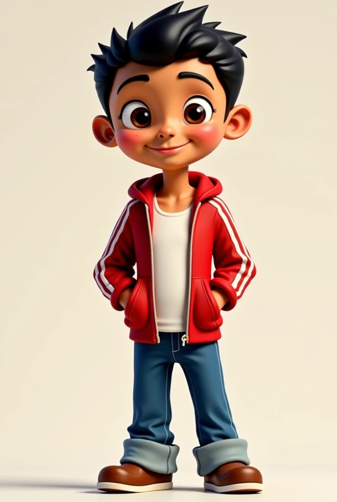 Miguel is a slender  (later ung Mexican boy with tan skin, black hair, brown eyes, a mole below his nose, and a dimple on only one side of his mouth. He wears a red hooded jacket with white stripes over a white tank top, blue jeans with cuffs, and brown sh...