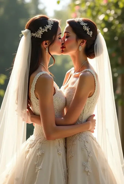 Two women dressed as brides kissing 