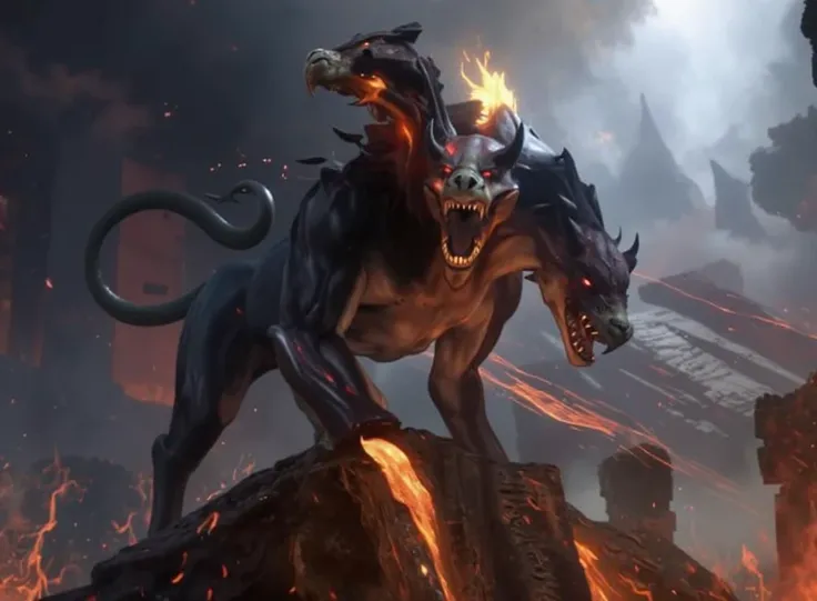 A three-headed hellhound faces off against a chimera on a dark and fiery battlefield. Both are positioned sideways to the camera, showcasing their menacing stances. The hellhound displays glowing red eyes and sharp teeth, while the chimera features its roa...