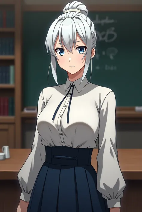 Anime style, older adult woman, strict teacher, white hair in a tight bun, wearing a high collar shirts and long skirt, icy blue eyes