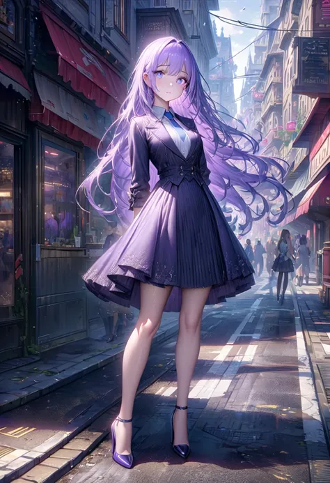  anime girl with long hair and blue eyes standing on a city street, ArtStation Pixivのホットトレンド,  purple eyes,  blue tie , fair (Delicate eyes,  detailed face ,)  ahehe, Yuradev ,  classy temperament ,  high heels, Not waterproof 