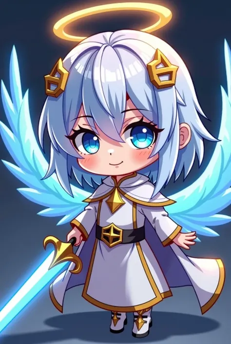 on holding a sword, 20years angel, magical sword, white haired deity, style of Korea webtoons, wielding a magical sword, glowing angelic being,  shinning sword, animation