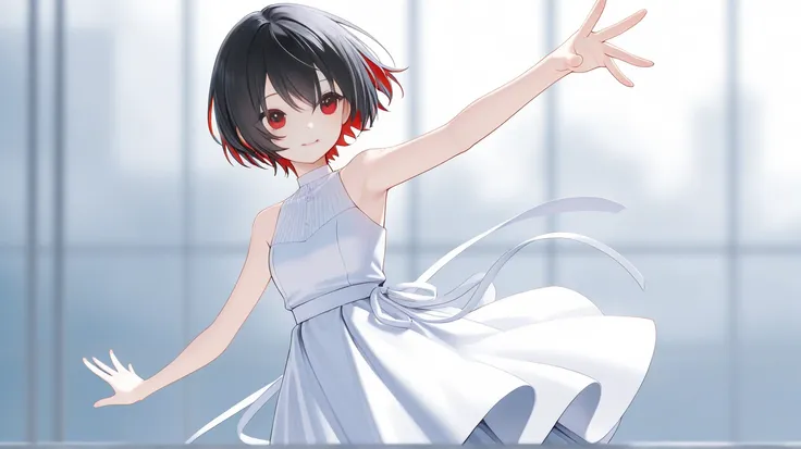 red black hair color 、 short hair、 white and black dress、I can see the side、The whole picture is visible、