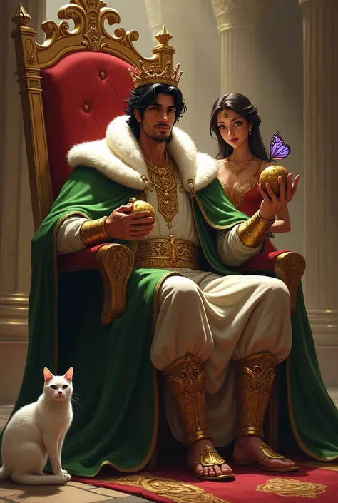 King
Brown skin
Without a beard 
Black hair
Brunette princess Giovana next door
Olive green mantle
Royal Palace
Imperial crown
Butterfly on the shoulder
White cat on the floor 
Throne
Scepter and Orbs
Population or health 