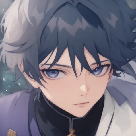 Anime boy with black hair and blue eyes wearing a purple jacket,  detailed anime digital art , Handsome boy in demon slayer art ,  inspired by Okumura Masanobu ,  detailed anime art key , made with anime painting studio , Art in the style of Guweiz, Genshi...