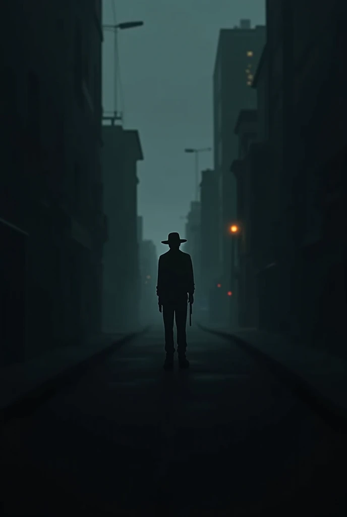  is barely visible creates a shadow of a tall man with a hat in the shadows, a darkness where . That he is seen in the distance in a city . It has to be at night with almost no light in the image 