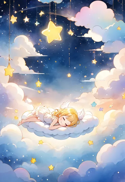 Angel girl sleeping on a big cloud bed, the cloud bed is floating in the night sky, the angel girl has a smiley face, the background is sparkling stars, transparent watercolor style, anime style illustration, high definition