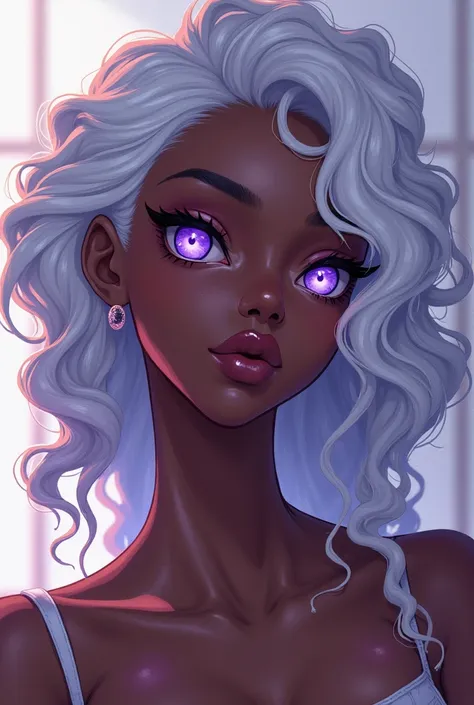 An anime style,  about  , a black albina , full lips, Big nose , with light hair, spaced African nago braids and violet eyes, curly hair,, showing her breast,, long legs,, beautiful,, white hair ,, 