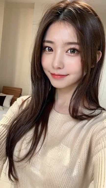 (( top quality , 8k, masterpiece :1.3)),  1 girl, Slender beautiful woman: 1.3, ( long hair, Super delicate face, Delicate eyes,  double eyelid , smile, Home,Stylish sweaters