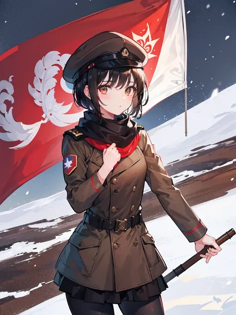 1girl, short black hair, brown eyes, wearing brown sovjet uniform, snow, brown sovjet Garrison Hat, communist flag, ww2, high res, ultrasharp, 8k, masterpiece, looking at viewer
