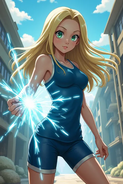 boku no hero academia manga style, a girl with long blonde  straight hair and green eyes fighting with her light (the light is light white quirk wearing the gym uniform that is blue