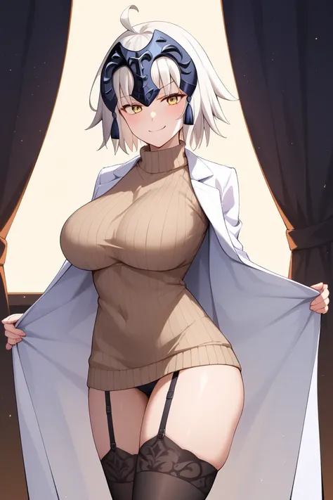 masterpiece,best quality,{{detailed beautiful face and eyes}}, 
Jeanne dArc Alter,{{{megami magazine}}},short hair,white hair,hair between eyes,headpiece,yellow eyes,large breasts,
(white labcoat:1.3),(black miniskirt:1.1),thighhighs,(black garter straps:1...