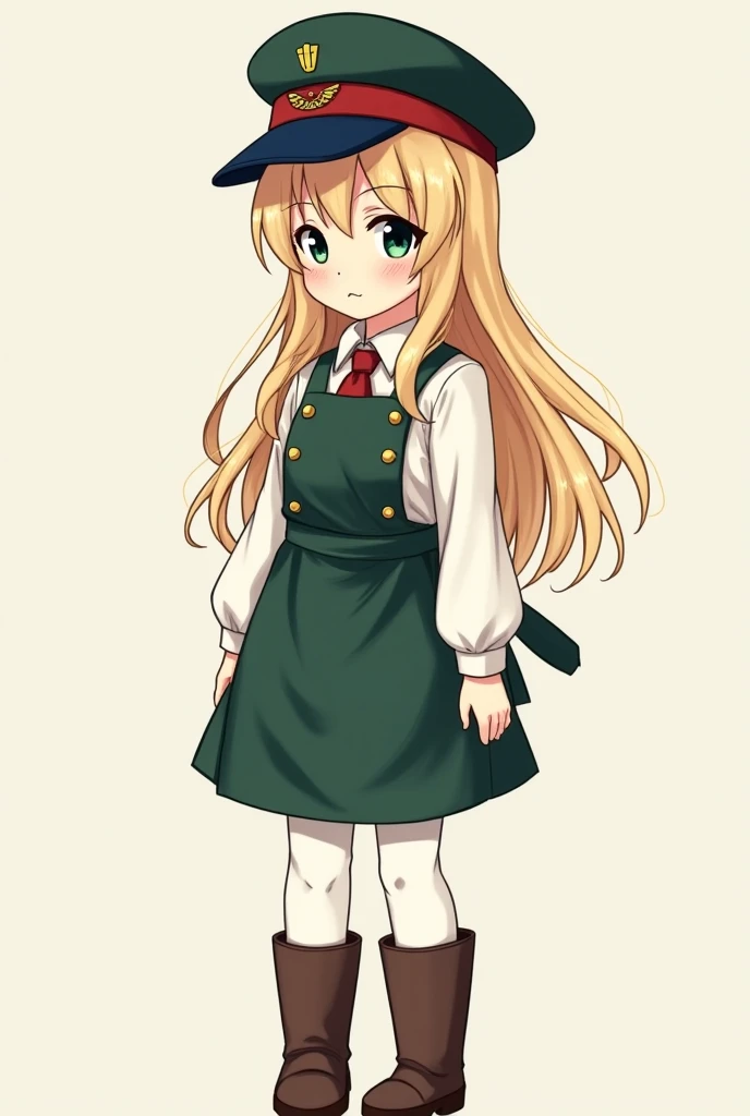   anime-style girl ,Of very short stature, neutral foot ,  with navy blue military hat ,  dark green colors and red details .  The girl has long shiny blond hair .  She wears a green apron with buttons on the sides and under the apron she wears a white pad...