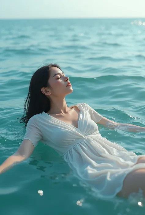 Woman relaxing into sea, shirt, wet