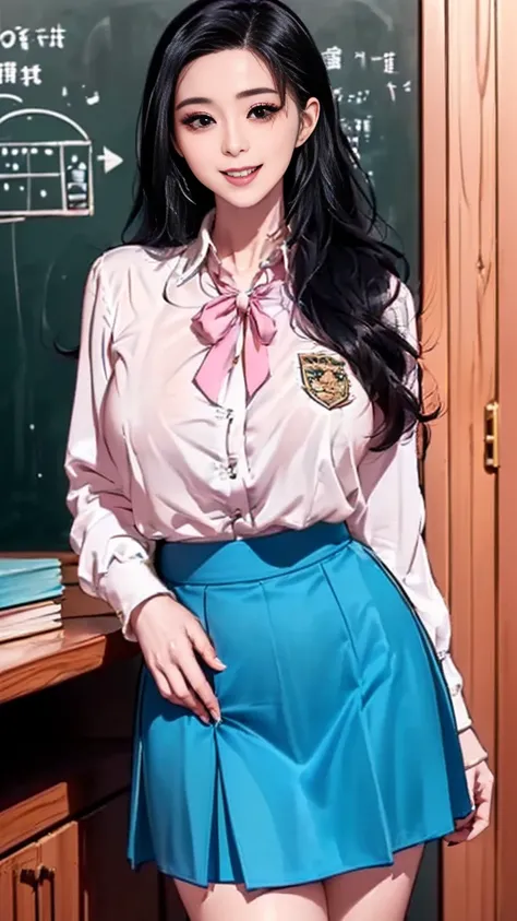 (best quality:2.0), (extremely detailed:2.0), (highly detailed:2.0),(Wearing the Tōjō Academy English teacher uniform, a white blouse paired with a blue skirt, standing confidently in front of the classroom podium with a graceful smile, radiating a free-sp...