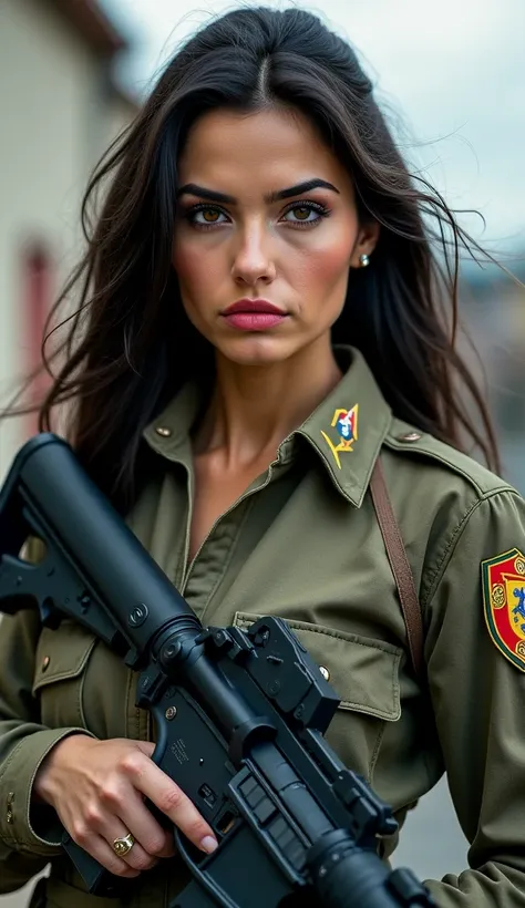 Beautiful Portuguese woman in military uniform with a gun, digital photo