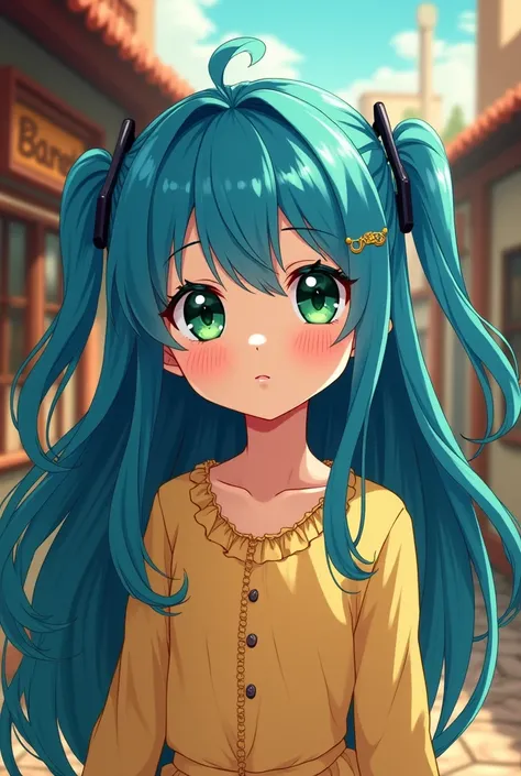 A girl of 6- with blue loin-length hair with two small tails on the sides and green eyes in the bisco-rusty anime style. 