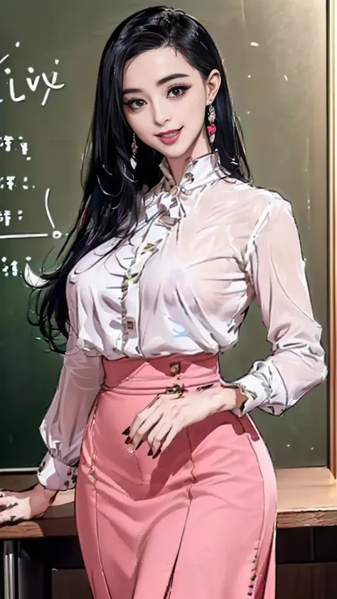 (best quality:2.0), (extremely detailed:2.0), (highly detailed:2.0),(Wearing the Tōjō Academy English teacher uniform, a white blouse paired with a blue skirt, standing confidently in front of the classroom podium with a graceful smile, radiating a free-sp...