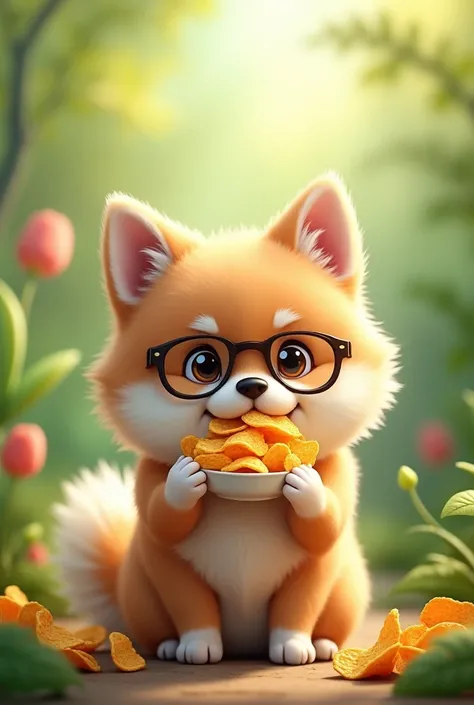 A very beautiful fluffy dog with very beautiful glasses and eating vinegar chips and looking very cute and cute in a very lush and beautiful environment