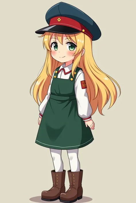  of  anime style,Of very short stature, neutral foot ,  with navy blue military hat ,  dark green colors and red details .  The girl has long shiny blond hair .  She wears a green apron with buttons on the sides and under the apron she wears a white padded...