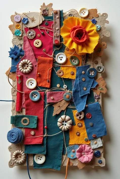 "An artistic composition showcasing the creative reuse of textile waste: a vibrant patchwork design made from discarded threads, colorful fabric scraps, and various buttons arranged in an intricate, modern pattern. The scene is set against a soft, neutral ...