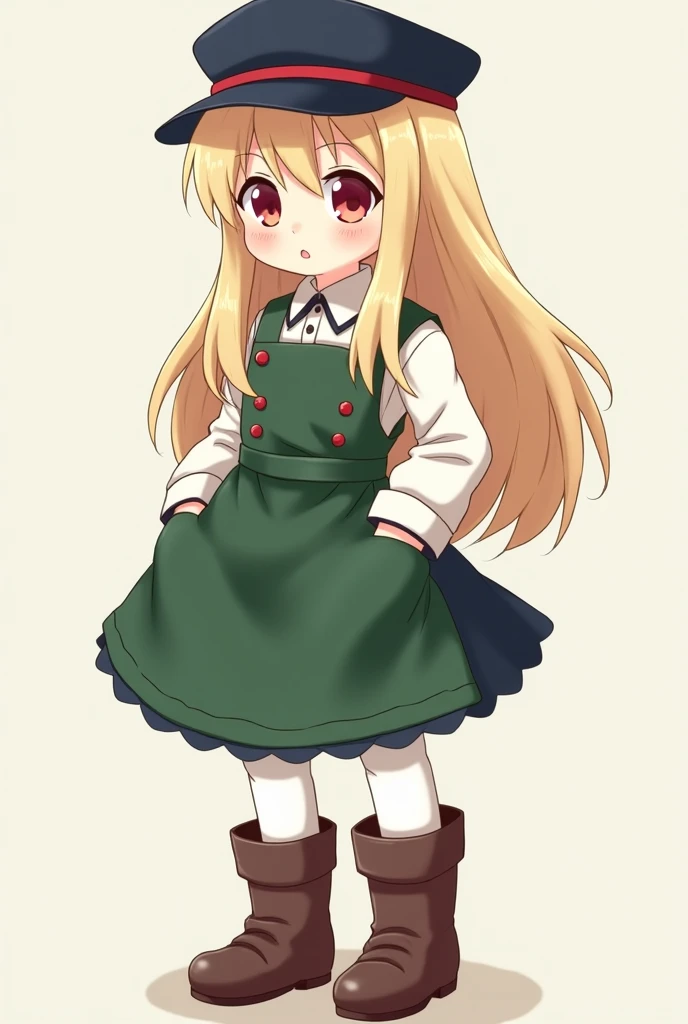  of  anime style,Of very short stature, neutral foot ,  with navy blue military hat ,  dark green colors and red details .  The girl has long shiny blond hair .  She wears a green apron with buttons on the sides and under the apron she wears a white padded...