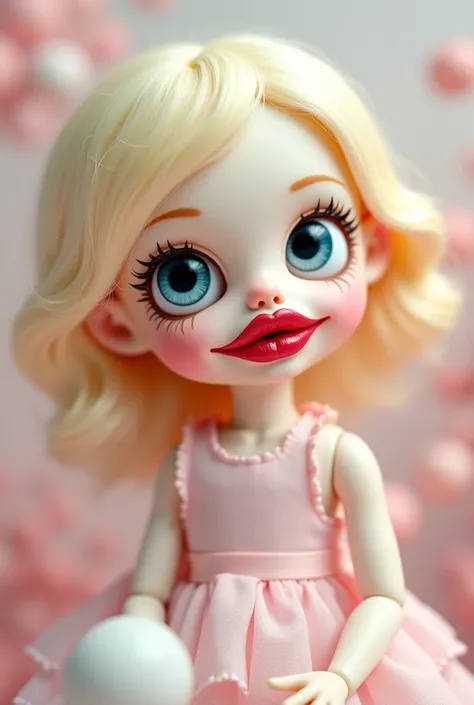 Little blonde doll with light blue eyes and red lips that say Pau Villafañe 