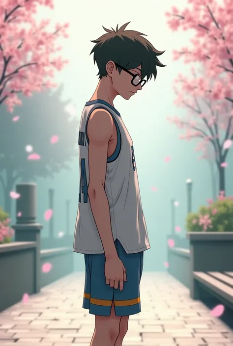 A quiet anime character with tall glasses and wearing basketball clothes