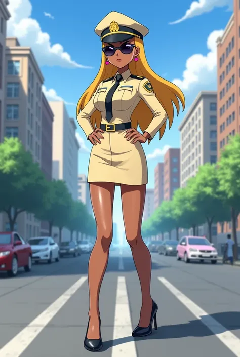 A character from the Pokémon Black and Pokémon White game series, color art. highly detailed, full quality. Art in the style of Ken Sugimori.  she is a tall female cop, dark skin, cop sunglasses, long and straight golden hair, beige top, beige skirt, beige...