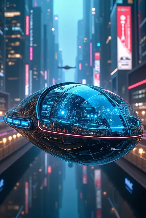 A futuristic time machine, advanced technology, chrome metal, glass panels, blue lights, glowing controls, sci-fi interior, holographic displays, digital readouts, flying car, urban cityscape, neon lights, flying vehicles, smooth clean lines, metallic text...