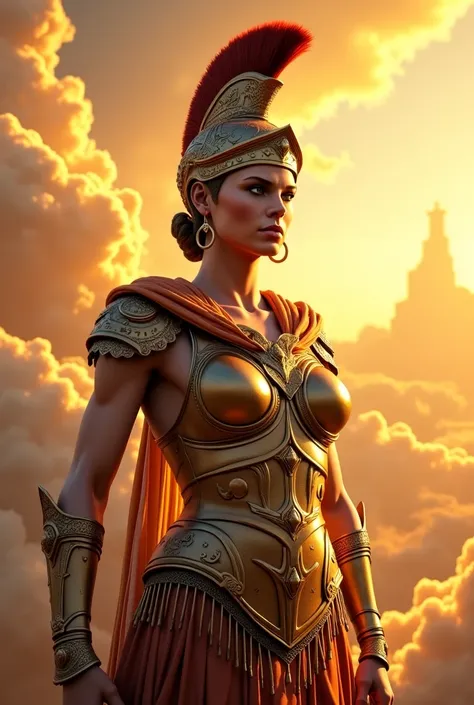 Athena mythology , warrior costume, pfp,  realistic ,  golden clouds background, Victorious 