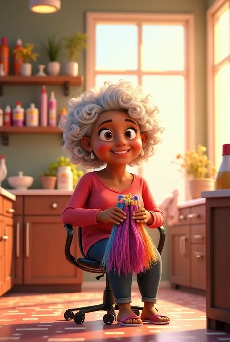 create a pixar-style image , of a brown female man with white hair in a beauty salon holding hair extensions