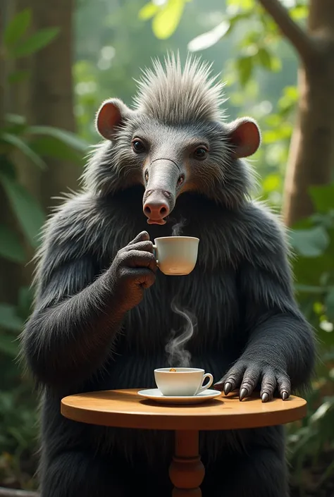 Tamanduá Bandeira drinking a cup of coffee