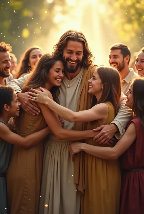 Happy Jesus embraces people who are also happy 