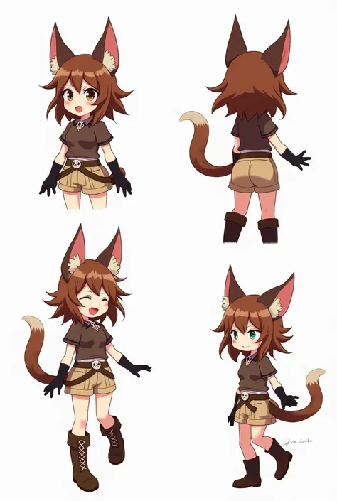  Female anime character woman ,  furry with giant cat ears ,  brown hair with a beige tuft  ,  with a brown short-sleeved blouse,  a transverse belt , with a skull l , And a beige shorts  , adventurer outfit ,  a drande leather boot and black leather glove...