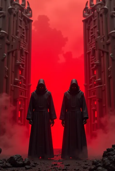 Two Gregorian monks with red glow aura and glowing eyes guarding hells gate from side