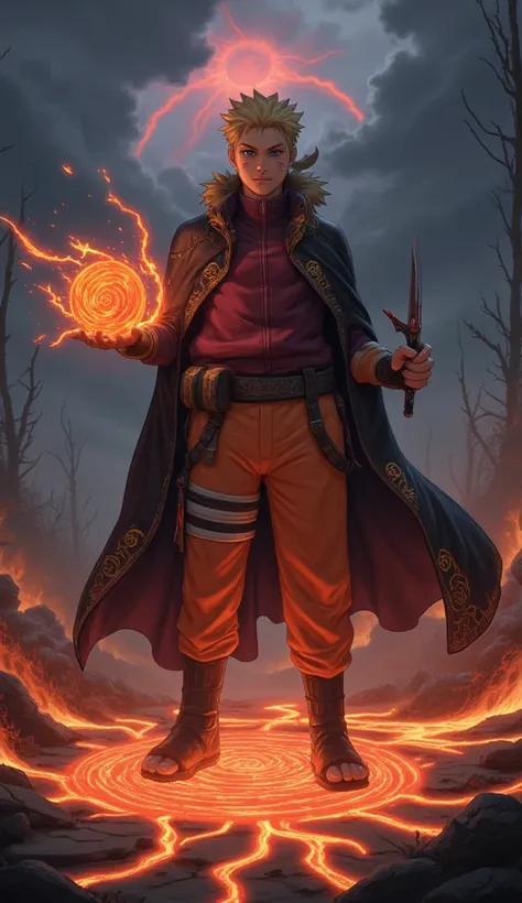 "Create a photorealistic, full-body portrait of Naruto Uzumaki from the anime Naruto, reimagined as a real human in a dark fantasy style. He should retain his iconic features: spiky blonde hair, piercing blue eyes filled with a mix of determination and com...