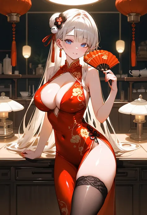 1girl, solo,,chinese dresss, slim waist, shiny skin, (long dress), (tight dress), (ying and yang dress), (clothed), holding hand fan, red dress, large breasts, nipples, thighhighs, tea shop background, Chinese background, beautiful lighting, shy expression