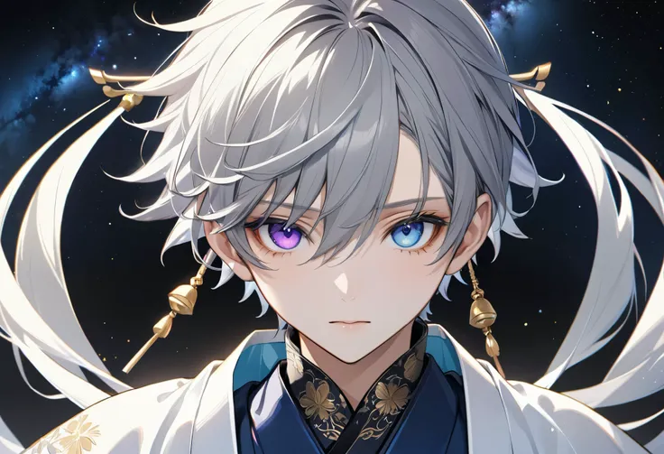 fresh illustration ,
Superfine painting,
very delicate illustration ,
Very fine details ,
Picture of only one boy ,
Height: 158cm,
white skin,
The right eye is purple and the left eye is blue iris heterochromia ,
beautiful eyes,
large black pupils ,
...