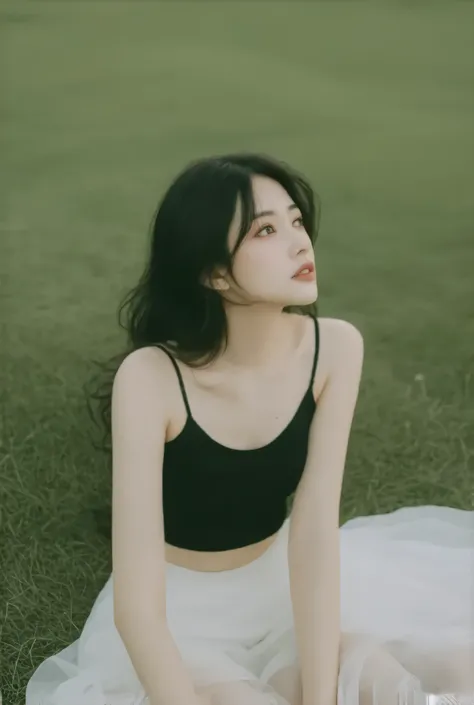 A Korean, black hair and eyes, Wear a black cropped and a short white skirt, sitting on the grass, looking at the sky