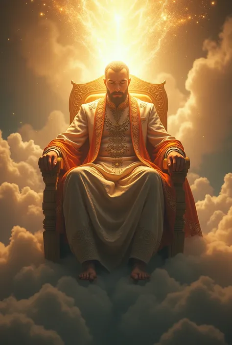 Generate a image of a man sitting on kings chair on cloud the light on his face and his face is not visible because of light and he is wearing a Mughal dress code 