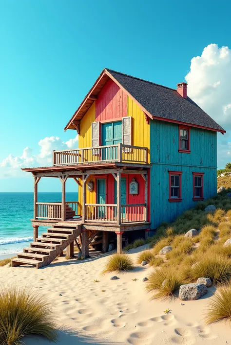 A rustic old beach house with bright colors that have old charm on shore with a lot of colors 