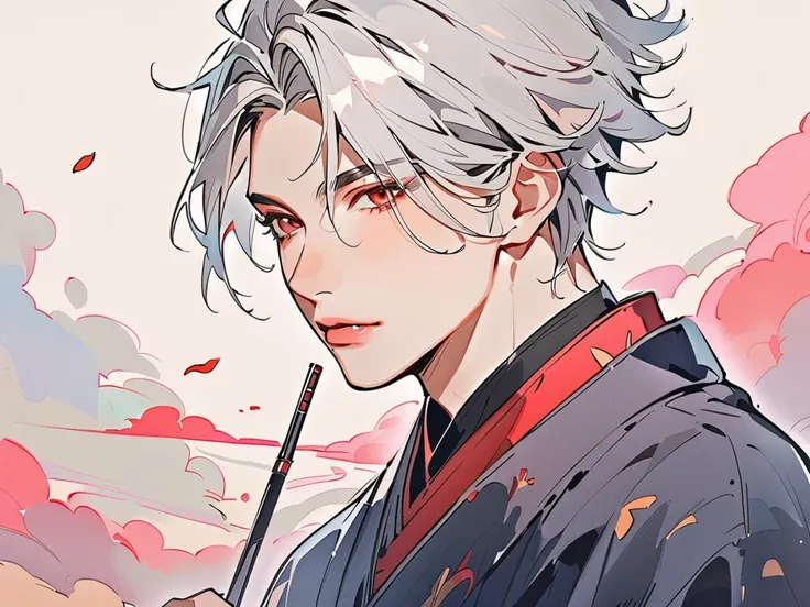 Watercolor painting of a boy with 73 gray hair ,    red eyes、 dark color、kimono、