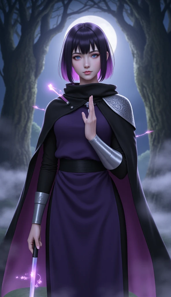 "Create a photorealistic, full-body portrait of Hinata Hyūga from the anime Naruto, reimagined as a human in a dark fantasy style. She should maintain her signature features: dark hair with a hint of lavender, styled in her iconic bob, and the unique pale ...