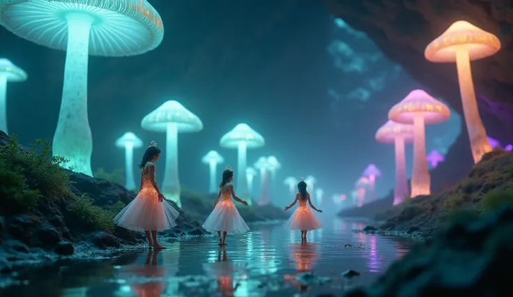 A close-up of a group of tiny female humanoid creatures, elegantly dressed in intricate outfits that blend transparent elven clothing and Victorian style. They emit soft pulses of light while communicating, causing the mushrooms around them to glow brighte...