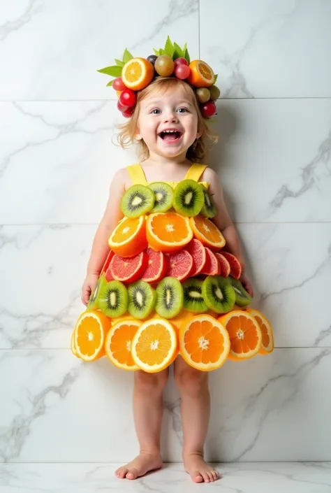 A young girl, likely of light complexion and toddler age, is centrally positioned in the image. She is wearing a dress entirely constructed from various sliced fruits, including oranges, kiwi, grapes, grapefruit, and others.  The fruits are arranged in a l...