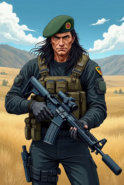 Anime-style picture of a Cheyenne tribesman in his fifties wearing black tactical clothing and a green beret, holding an AR-14 rifle. Southeastern Montana region.